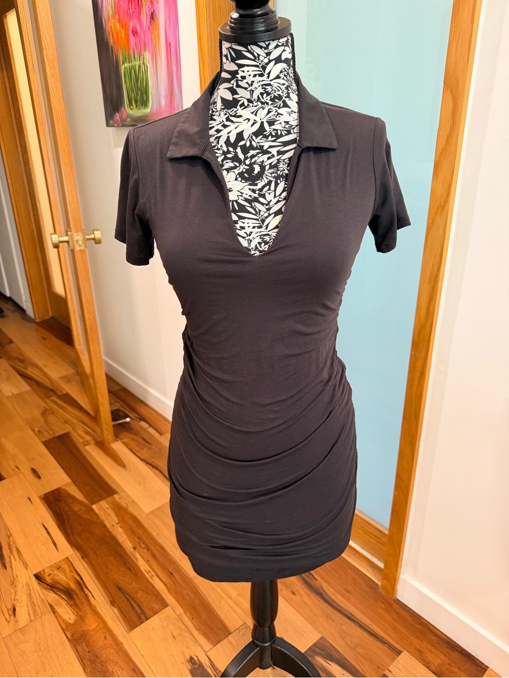 Velvet by Graham & Spencer Ruched Polo Mini Dress Charcoal Gray NWOT